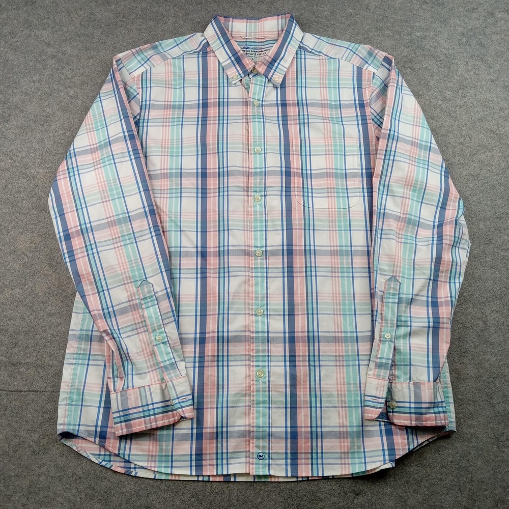 Vineyard Vines‎ Shirt Mens Large Pink Blue Plaid OTG Performance Stretch Casual